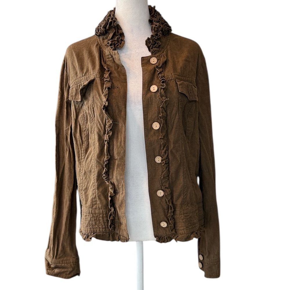 Tribal Womens Linen Blend Button Front Cardigan Jacket Ruffle Beige Size 10